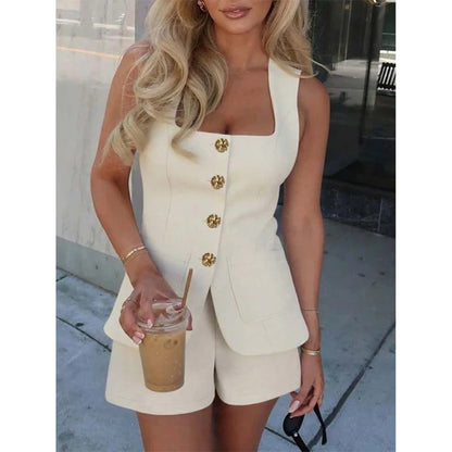 👚50% OFF!✨Square Neck Vest & Shorts Set – Elegant Neckline, Gold Buttons, Structured Fit 🥂